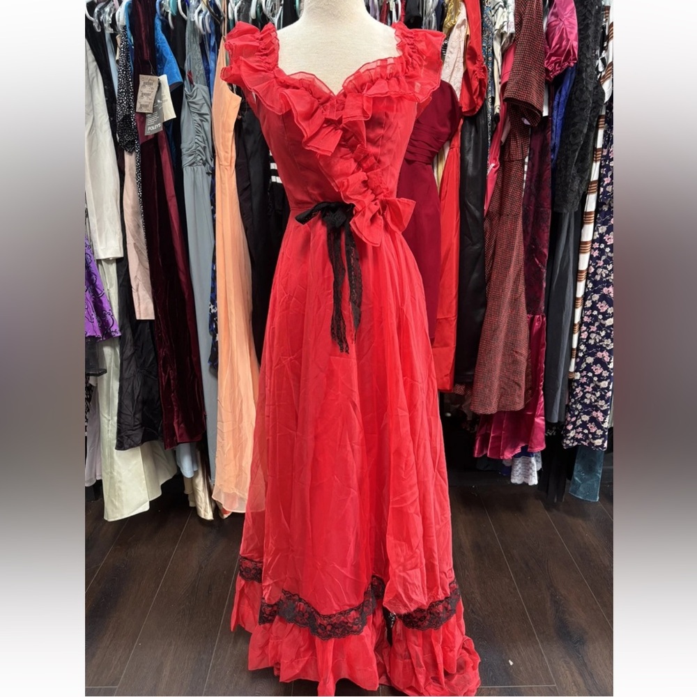 Vintage Red Ruffled Maxi Dress Southern Belle / Ballgown / Prom - Handmade